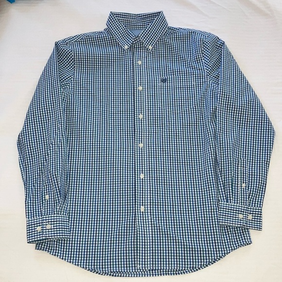Chaps men’s medium Blue green/ White plaid Gingham long sleeve button up shirt - Picture 1 of 16